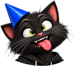 Black cat in a blue party hat, tongue out