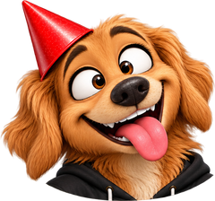 Dog in a red party hat, tongue out