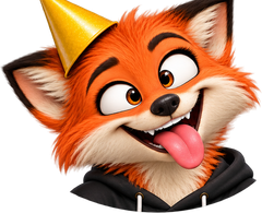 Orange fox in a yellow party hat, tongue out