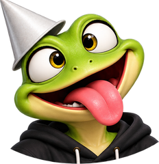 Green frog in a white party hat, tongue out