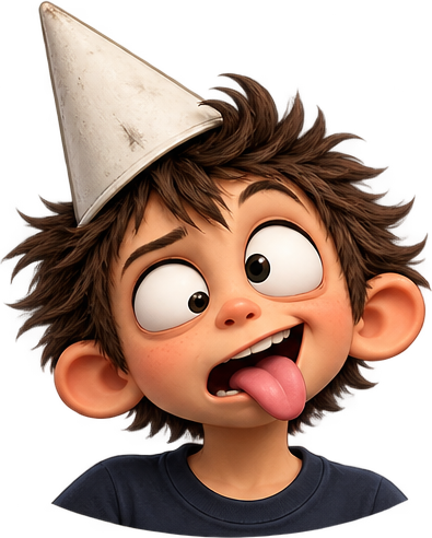 Boy in a white party hat, tongue out