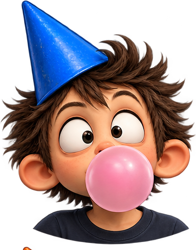 Boy in a blue party hat, blowing a bubblegum bubble