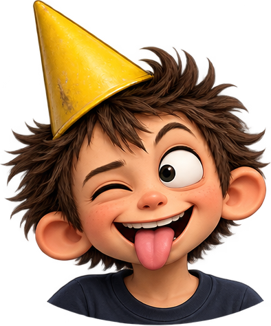 Boy in a yellow party hat, winking with tongue out