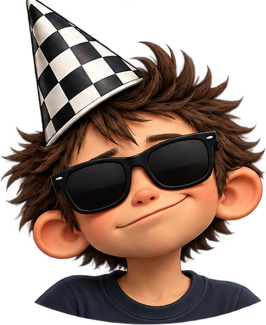 Boy in a checkered party hat, wearing sunglasses