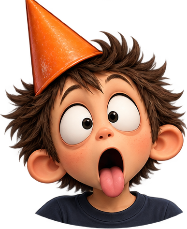 Boy in an orange party hat, surprised with tongue out