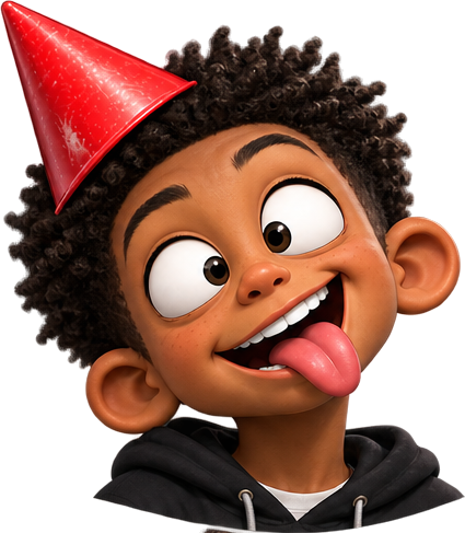 Boy in a red party hat, curly hair, tongue out