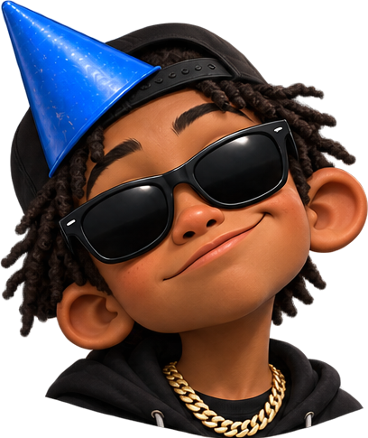 Boy in a blue party hat over a backward cap, sunglasses and gold chain