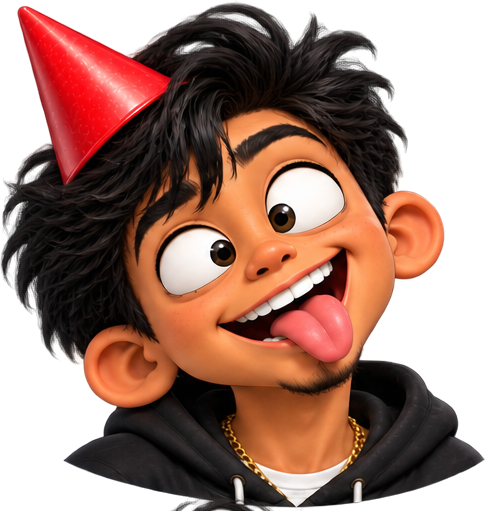 Boy in a red party hat with a gold chain, tongue out