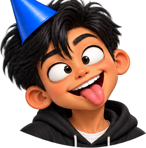 Boy in a blue party hat, tongue out