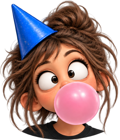 Girl in a blue party hat, blowing a bubblegum bubble