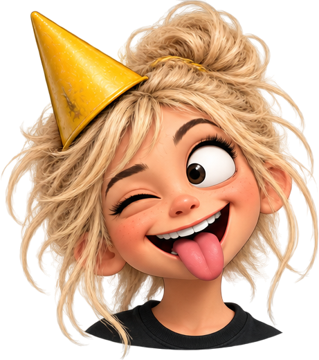Girl in a yellow party hat, winking with tongue out