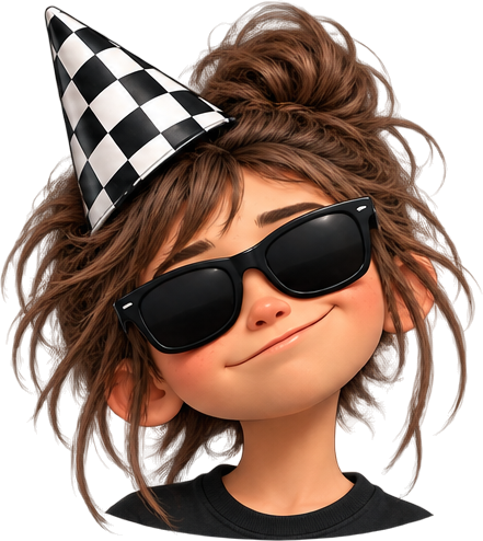 Girl in a checkered party hat, wearing sunglasses