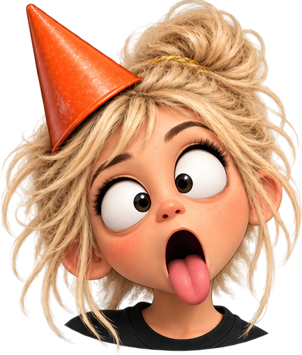 Girl in an orange party hat, surprised with tongue out