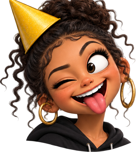 Girl in a yellow party hat, curly hair, winking with tongue out, hoop earrings