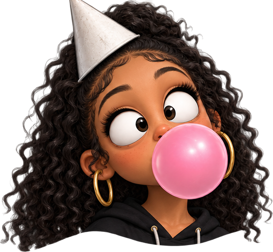 Girl in a white party hat, curly hair, blowing a bubblegum bubble, hoop earrings