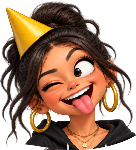 Girl in a yellow party hat, winking with tongue out, gold hoop earrings and necklace