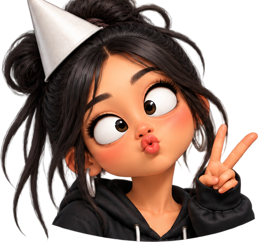 Girl in a white party hat, blowing a kiss with a peace sign